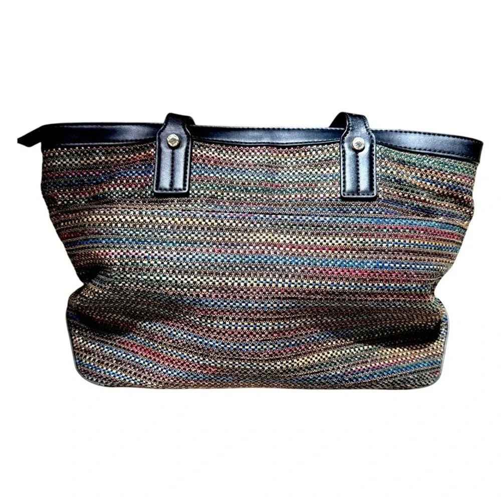 Calvin Klein‎ Tote Bag Multicolor Woven Raffia Stripe Gold Logo Womens Large